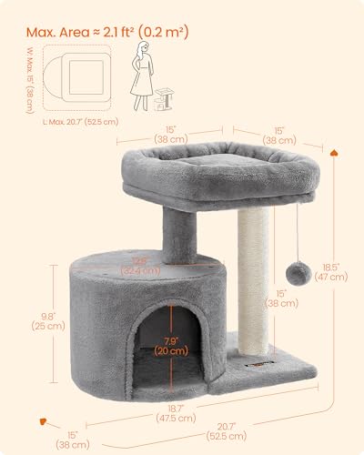 Feandrea Cat Tree, Small Cat Tower with Sisal Scratching Post, Plush Condo with Padded Perch, for Small Spaces, Kittens, Light Gray UPCT50W - Image 5
