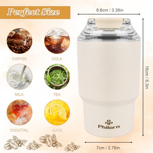 Philorn Thermobecher Kaffee to go, 14OZ/400ml mit Doppelwand, Wiederverwendbarer Kaffeebecher mit Deckel & Strohhalm, Weiß Coffee to go Becher für Heiße und Kalte Getränke 2