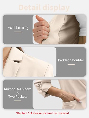 ELLEVEN Women's Ruched 3/4 Sleeve Blazers, Lightweight Slim Fit Jackets with Padded Shoulder for Business Casual - Image 6