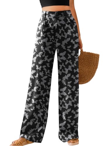 Image of Feiersi Womens Casual Wide Leg Pants High Waisted Button Down Straight Long Trousers Palazzo Pants