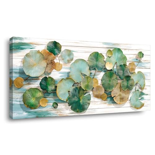 TEKMENT Green Lotus Leaves Wall Art for Bedroom Canvas Painting Prints Beautiful Oriental Rustic Retro Wood Grain Art Deco Elegant Artwork Office Farmhouse Decor