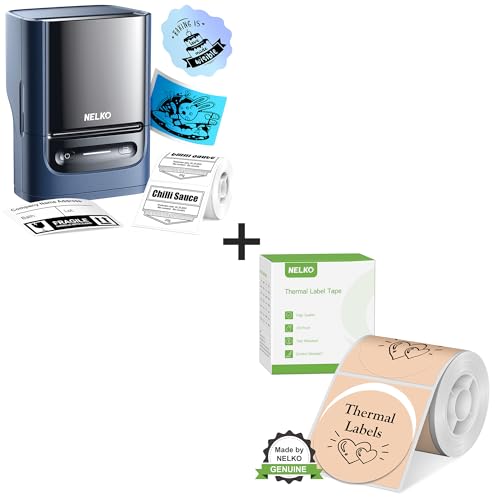 Nelko PM220 Bluetooth Etikettendrucker 5cm Komplettset Blau mit Khaki Etikettenband 150 Stück 50x50mm Tragbarer Thermodrucker für Büro Kleidung Adresse Logos Kompatibel mit PC und Telefon