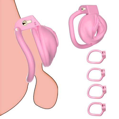 Image of Pseudo-Maiden Chastity Cage Lock 4 Rings.Vagina Penis Cage Sissy Sex Toys Breathable Resin Cock Cage for Sissy Men（Pink）