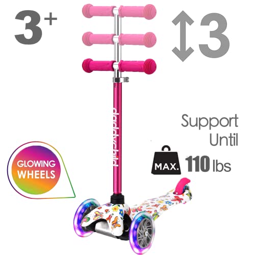 3-Wheel Kick Scooter for Kids Ages 3-8 Lean-to-Steer Toddler Scooter with Extra Wide Light Up Wheels, 4 Adjustable Heights, Foldable Scooters for Boys & Girls, Max Weight 110lbs (Pink Graffiti) by DADDYCHILD - Image 2