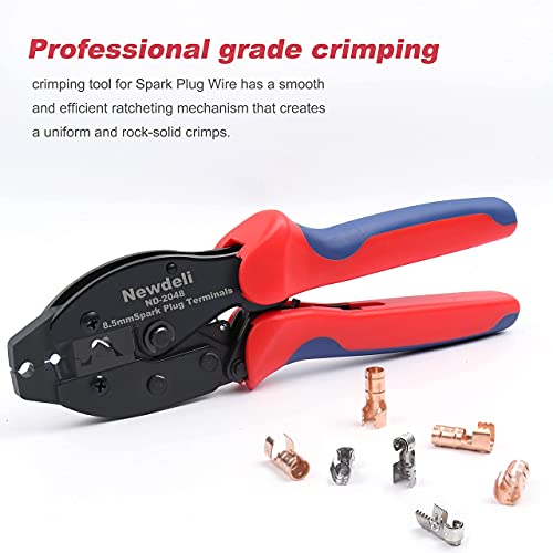Image of Spark Plug Wire Crimper, Newdeli Crimping Pliers for Spark Plug Stripping Tool, ND-2048 for Crimping and Stripping Spark Plug Wire, Dia 8.0-8.5mm,Ratchet spark plug wire crimping tool