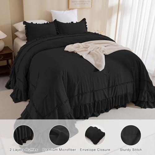 Image of QSH 3PCs Black Ruffled Oversized King Comforter 120x120,Farmhouse Shabby French Country Chic Ruffle Bed Comforter Set Boho Lightweight Ultra Soft Microfiber California King Comforter with Pillowcases