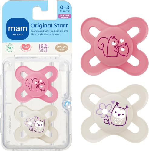 Image of MAM Original Start Matte Baby Pacifiers, Binky for 0-3 Months, BPA-Free Silicone Nipple, Easy to Clean, Best for Newborn Babies, Developed with Medical Experts, 2 Count Binkies with Sterilizer Case