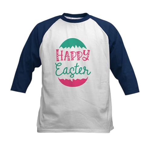 CafePress Happy Easter Baseball Jersey Kids Cotton Baseball Jersey, 3/4 Raglan Sleeve Shirt Navy/White