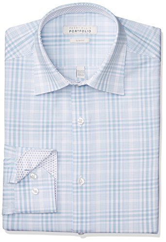 Perry Ellis Men's Slim Fit Wrinkle Free Dress Shirt, Light Blue Plaid, 16.5 32/33