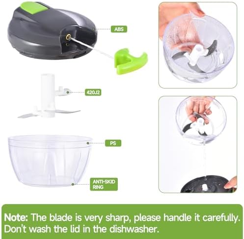 Ziweaye Manual Food Processor Vegetable Chopper, Portable Hand Pull String Garlic Mincer Onion Cutter for Veggies, Ginger, Fruits, Nuts, Herbs, etc., 500ml,（Gray-green） — view 8