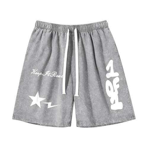 Weripoah Graphic Shorts for Boys Streetwear Y2k Short Star Lettering Print Shorts Kids Vintage Aicd Wash Drawstring Shorts(LightGray,150)