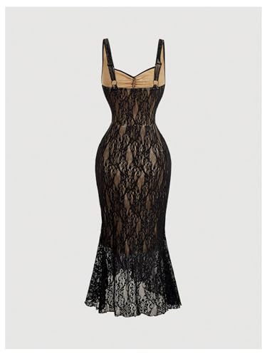 Image of GORGLITTER Women's Lace Bodycon Fishtail Midi Dress Graduation Prom Wedding Guest Y2K Ruched Asymmetrical Summer Dress