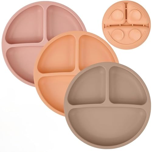 Image of MumEZ Baby Plates with Suction - 3 Pack Silicone Baby Suction Plates for Toddler Kids Self Feeding - Weaning Plates for High Chair Tray - Unbreakable, Portable, Non Slip (Coffee+Nude+Pink)