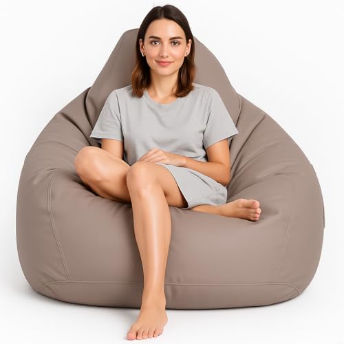 Image of 5XL Premium Leatherette Bean Bag with Rectangular Footrest & Cushion | High Density EPS Beans Filled | Teardrop Shape with Handle | 6 Months Warranty (Beige, 5XL Single, Solid)