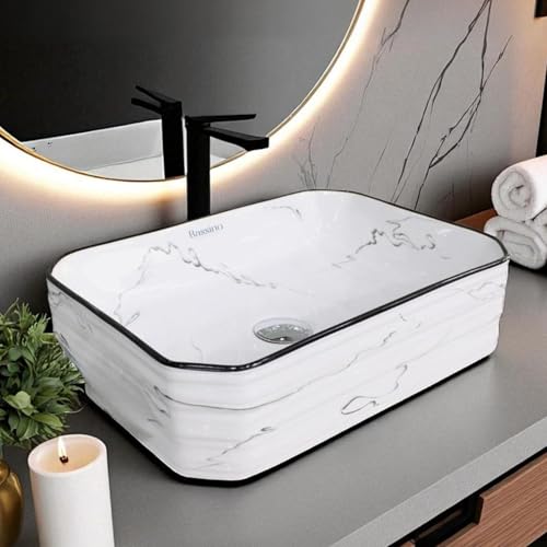 Image of BASSINO 18x13x5 Inches Ceramic Counter Top Wash Basin /White & Black Marble Print Basin for Bathroom /Rectangular Shape Tabletop Washbasin for Restaurant /Dining Hall /Living Room /Home(Glossy)