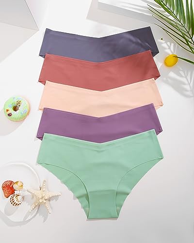 FINETOO Women’s Seamless Underwear Soft Stretch Briefs Invisibles Hipster V Cut cheeky No Show Bikini Panties 5 pack XS-L
