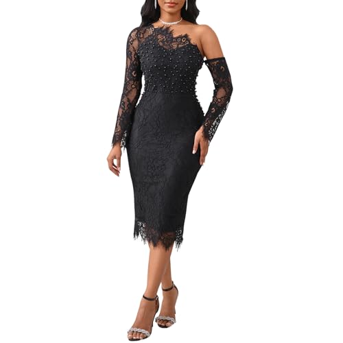 Cololura Elegant Sexy Floral Lace Patchwork Pearl One Shoulder Formal Evening Gown Party Cocktail Bodycon Midi Dress