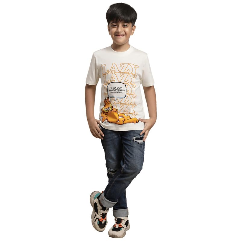 Image of Kidsville Garfield Printed Regular Fit Off White Cotton Boy's T-Shirt