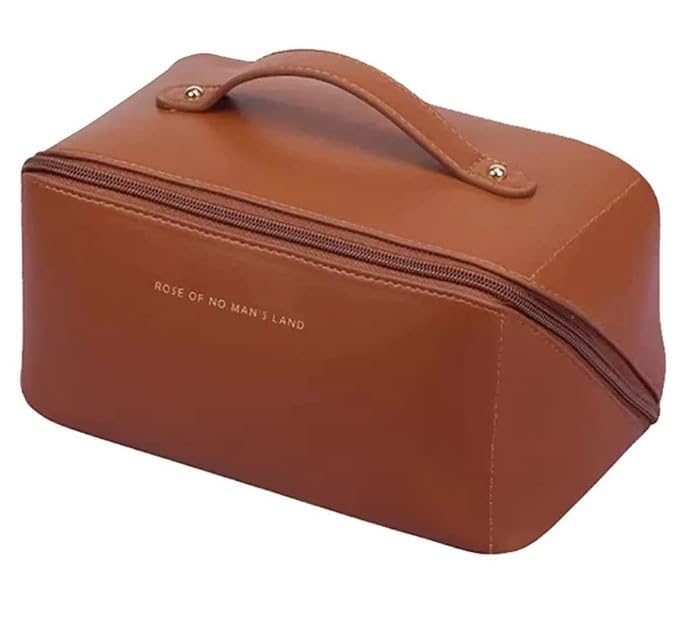 Image of Handcuffs Cosmetic Bag with Handle | PU Leather | Toiletry Pouch | Makeup Storage | Large | Travel | Zipper | Waterproof | Make Up Organizer (Brown)