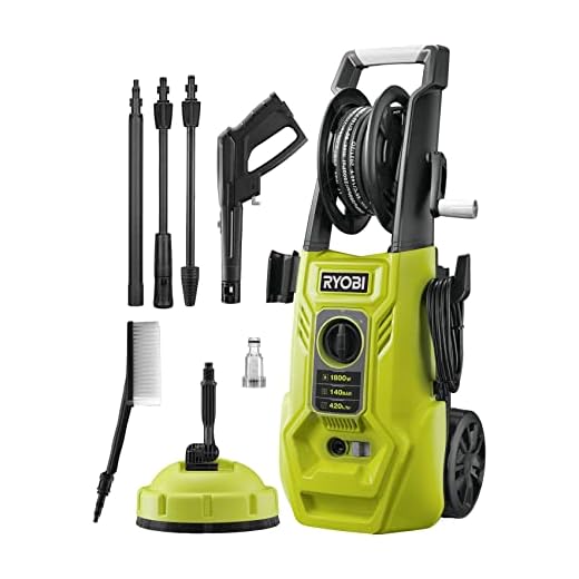 RYOBI - Hidrolimpiadora de Alta Presión 1800W, 140 Bares, 420l/h - 2 Lanzas (Vario y Turbo) y 1 Cepillo Multisuperficie, Limpiador de Superficies Ø 25 cm - Depósito Detergente 0,9l - RY140PWA