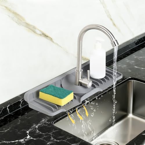 Luckboat Silicone Faucet Splash Guard Mat for Kitchen Sink - Fast-Drain, Non-Slip Countertop Protector, Water Catcher Tray Behind Faucet, Easy Clean Silicone Drip Mat, 15.75