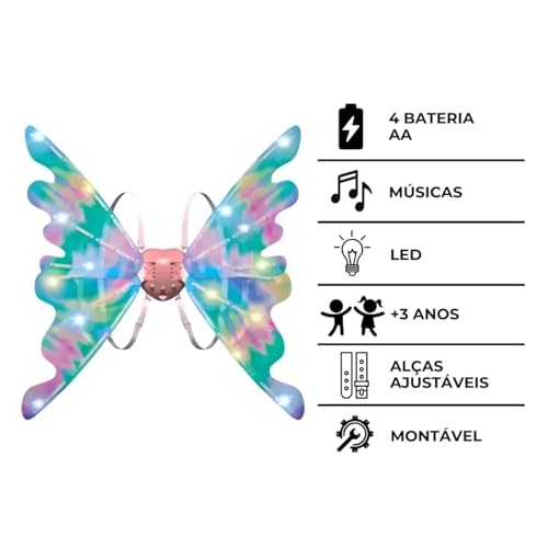 Fantasia de Asas para Festas com Led e Música - Fada - ideal para festas, eventos de cosplay e celeb