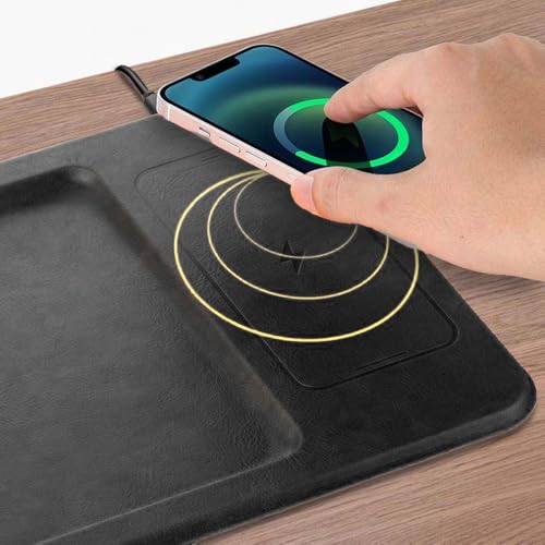 PU Leather Wireless Charging Valet Tray Organizer USB-C, Premium Desk & Nightstand Organizer with Fast Qi Wireless Charging up to 15W for Phone, Wallet & Keys (Black) - Thumbnail 4