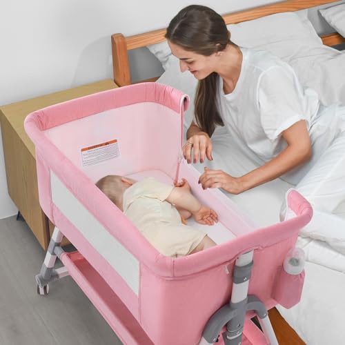 Jaoul 4 in 1 Baby Bassinet Bedside Sleeper Baby Crib, Adjustable Cosleeper for Baby, Easy Folding Portable Baby Bed Rocking Bassinets with Comfy Mattress Mosquito Net Storage for Infant Newborn Pink - Thumbnail 2