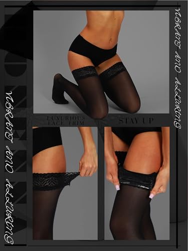 HONENNA Semi Sheer Stay Up Lingerie Thigh High Stockings Lace Top Size A-F4