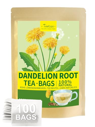 TeeLux - 100 bolsas de té de raíz de diente de león, raíz de diente de león crudo de, té de hierbas sin cafeína, bolsas compostables