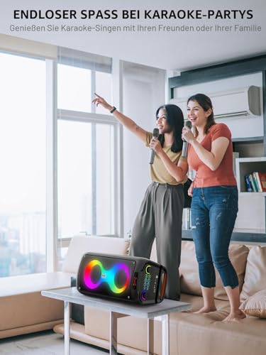 Karaoke-Maschine, Tragbarer Bluetooth-Lautsprecher mit 2 drahtlosen Mikrofonen für Erwachsene, PA-System mit Disco-Lichtern für große Party, Outdoor, unterstützt USB/TF/Rec/AUX