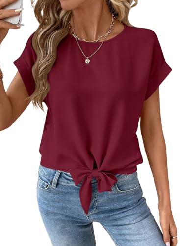 EVALESS Business Casual Tops for Women Summer Crewneck Cap Sleeve Tie Front Shirts with Keyhole Back Red Dahlia M