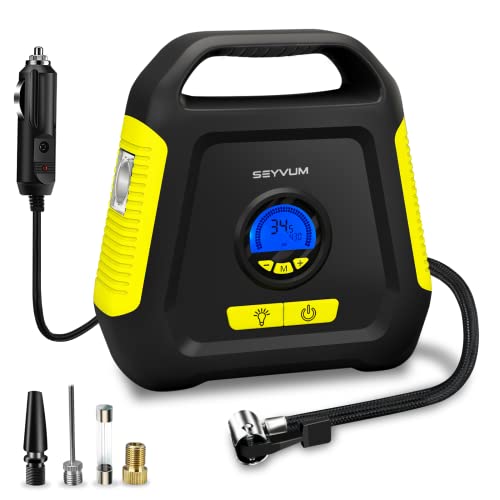 SEYVUM Tire Inflator Portable Air Compressor, [150PSI Fast Inflation] Car Tire Pump with Digital Pressure Gauge and Emergency LED Light, 12V DC Auto Air Pump for Car, Bicycles and Other Inflatables
