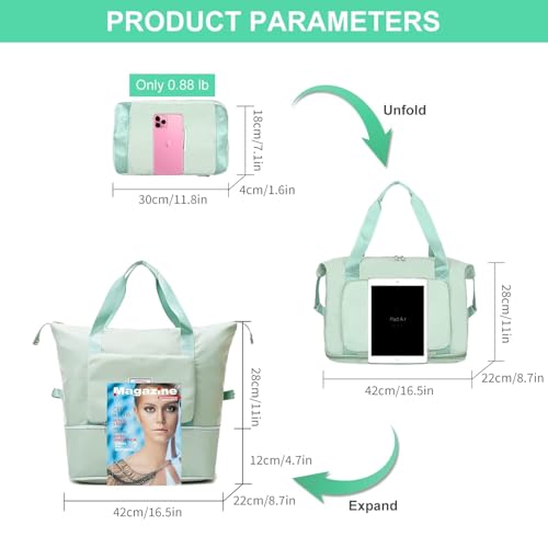 Image of Large Capacity Folding Travel Tote Bag, Oxford Fabric Waterproof Lightweight Foldable Travel Duffel Bag, Portable Expandable Travel Bag, Dry and Wet Separation Carry On Bag for Airplanes (Green)