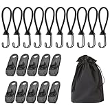 XSAJU テントクリップ ストレッチコード 収納袋 21点セット タープ固定 張綱 多用途対応 テント設営アクセサリ キャンプ アウトドア 防災に最適 (ブラック)