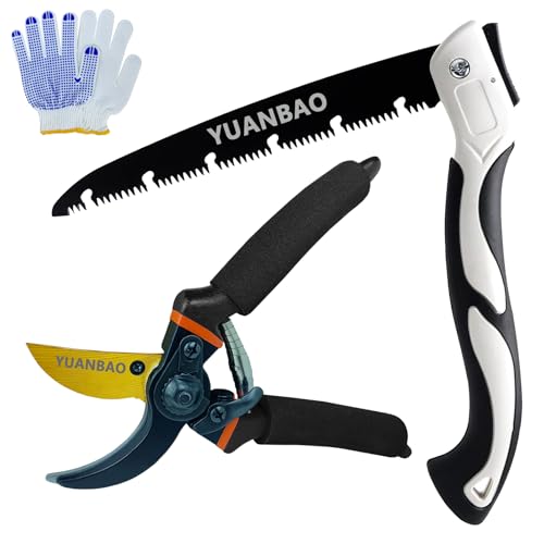 YUANBAO Kit d'élagage de jardin, sécateur bypass de 21,6 cm + scie à main pliable de 25,4 cm + gants adhésifs en coton, sécateurs de jardin de précision, coupe-plantes, ciseaux de jardinage