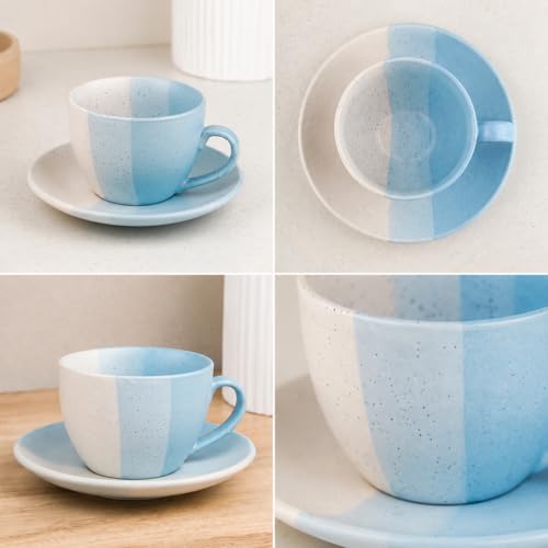 Image of The Earth Store TT Blue Ceramic Cappuccino Cup with Saucer Set of 4 | 250ML Coffee & Tea Cups | Microwave & Dishwasher Safe |Stylish Cups for Home, Cafe & Gifting