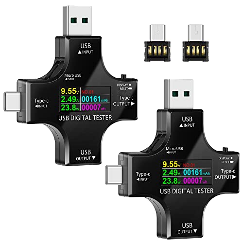 Dreyoo USB Multimeter Testers, 2 Pack Type C Voltage Monitors Digital Current Resistance Power Voltmeter Ammeter, 2 in 1 Portable Fast Charging PD Charger Detectors Compatible with Huawei/iPhone/LG