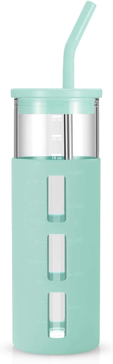 tronco Glass Tumbler with Silicone Lid and Straw,24OZ Reusable Iced Coffee Cup,Smoothie Cups,Glass Travel Water Bottle,See Through Silicone Sleeve With Measurement,Dishwasfer Safe,Spill Proof