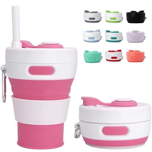 MOMAHUA 450ml Taza Plegable de Silicona Rosa,Taza de Café Reutilizable Plegable para Viaje,Copa Colapsable con Tapa Anti-fugas, Incluye Porta-taza y Cuerda