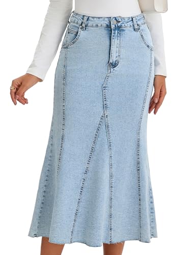Womens Fishtail Long Jean Skirt High Waisted Casual Stretchy Fit and Flare Midi Denim Skirts