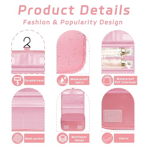 Image of Toiletry Bag Travel Bag with Hanging Hook for Women and Men,Pink | Waterproof Small Capacity Hanging Multifunctional Makeup Bag for Toiletries, Portable Cosmetic Bag Travel Organizer