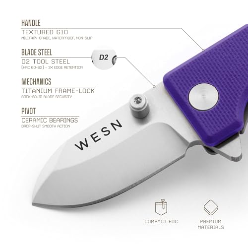 Image of WESN Microblade Premium Folding Pocket Knife - 1.5 inch D2 Steel Blade, Compact Titanium EDC Knife with G10 Handle, Manual Thumb Stud, Deep Carry Clip - Lightweight Everyday Carry (Violet /Titanium)