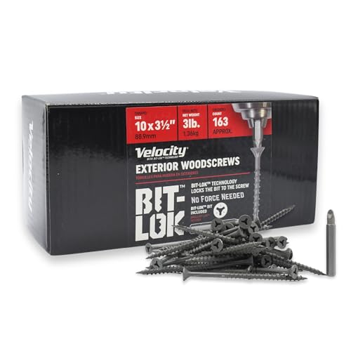 Tornillos para madera exteriores Velocity 3 1/2" tamaño #10 con tecnología BIT-LOK, recubrimiento orgánico gris resistente al óxido, kit de reparación de madera con punta tipo 17 y cabeza plana, caja de 3 lb con 163 piezas