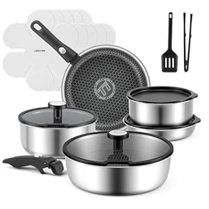 JEETEE Tri-Ply Edelstahl Topfset 18 Pcs, Kochtopf Set Antihaft mit abnehmbarem Griff, Hybrid Töpfe Set mit Gehärtetes Glasabdeckung, für Wohnmobile und induktion, Geschirrspüler und Ofensicherheit