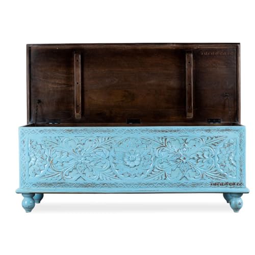 Image of Wifo Solid Wood Coffee Table for Living Room Wooden Trunk Box for Storage | Handcrafted Center Table for Living Room with Sandook Storage | Pitara for Bedroom (Blue Distress and Brown Top)
