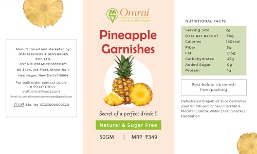 Image of Omrai Foods Dried Pineapple Slices Garnishes 50GM (Pack of 2) Dehydrated Pineapple Fruit Garnish for Cocktails,Mocktails,Detox Water,Tea | 100% Natural Air Dried Fruit Pineapple Slices for Decoration