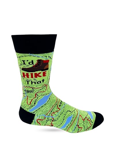 Men's Novelty Crew Socks, Hiking Trail Map Design with 'I'd Hike That' Saying, One Size Fits Most2