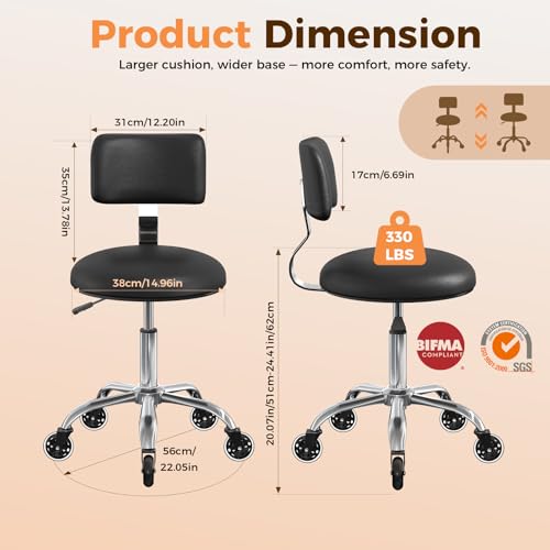 Image of Rolling Stool Chair with Wheels, Office Drafting Chair with Back Support, Height Adjustable Standing Desk Stool with PU Leather Cushion for Home Office Kitchen Vanity Spa Garage Tattoo Dentist, Black