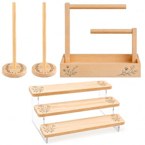 4-Piece Wooden Donut Stand Set with Tray, 2 Holders and 3-Tier Dessert Rack